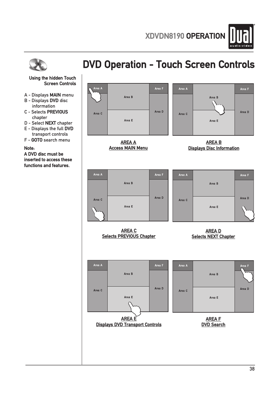 Dvd operation - touch screen controls | Dual XDVDN8190 User Manual | Page 39 / 92