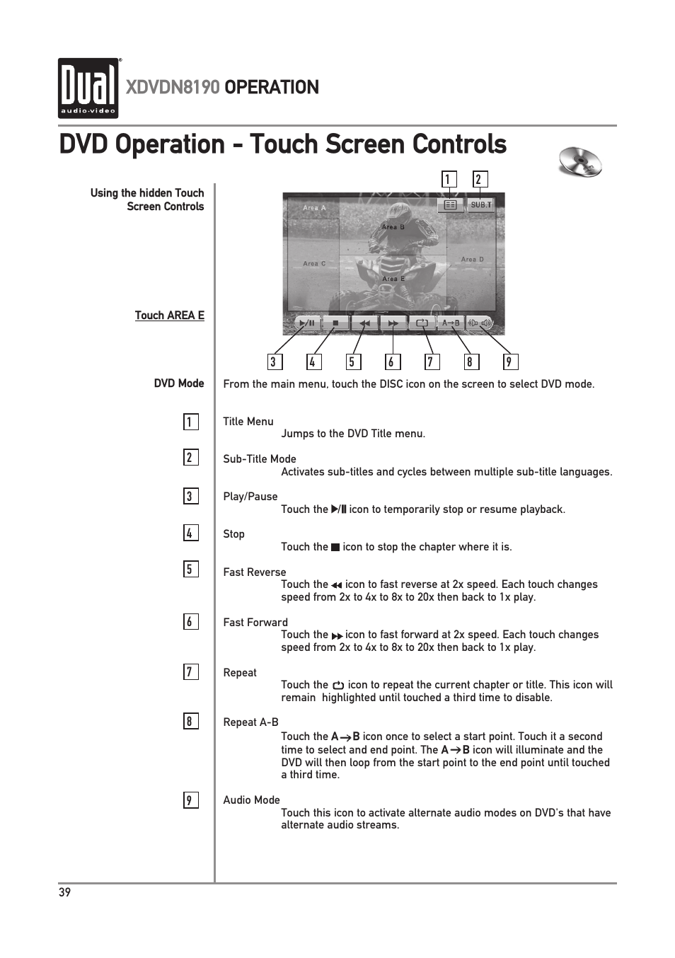 Dvd operation - touch screen controls, Xdvdn8190 operation | Dual XDVDN8190 User Manual | Page 40 / 92