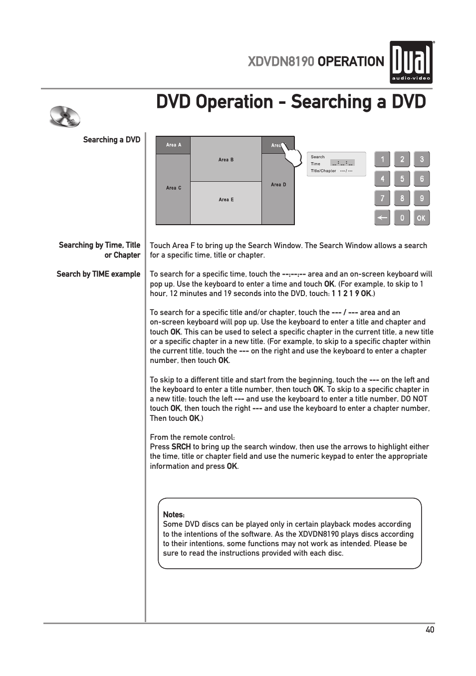 Dvd operation - searching a dvd, Xdvdn8190 operation | Dual XDVDN8190 User Manual | Page 41 / 92