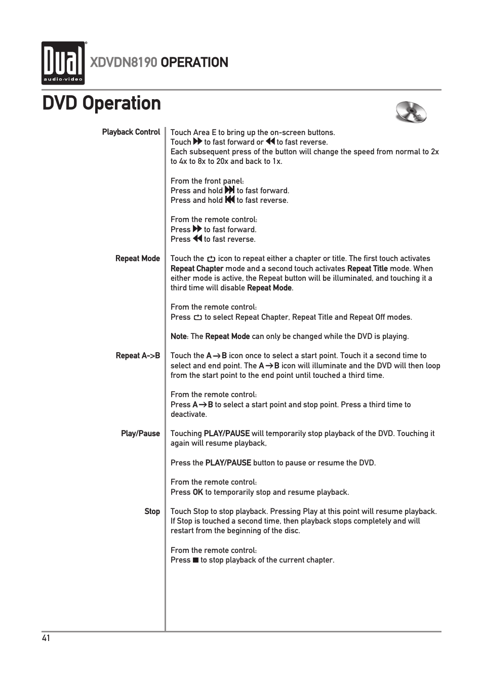 Dvd operation, Xdvdn8190 operation | Dual XDVDN8190 User Manual | Page 42 / 92