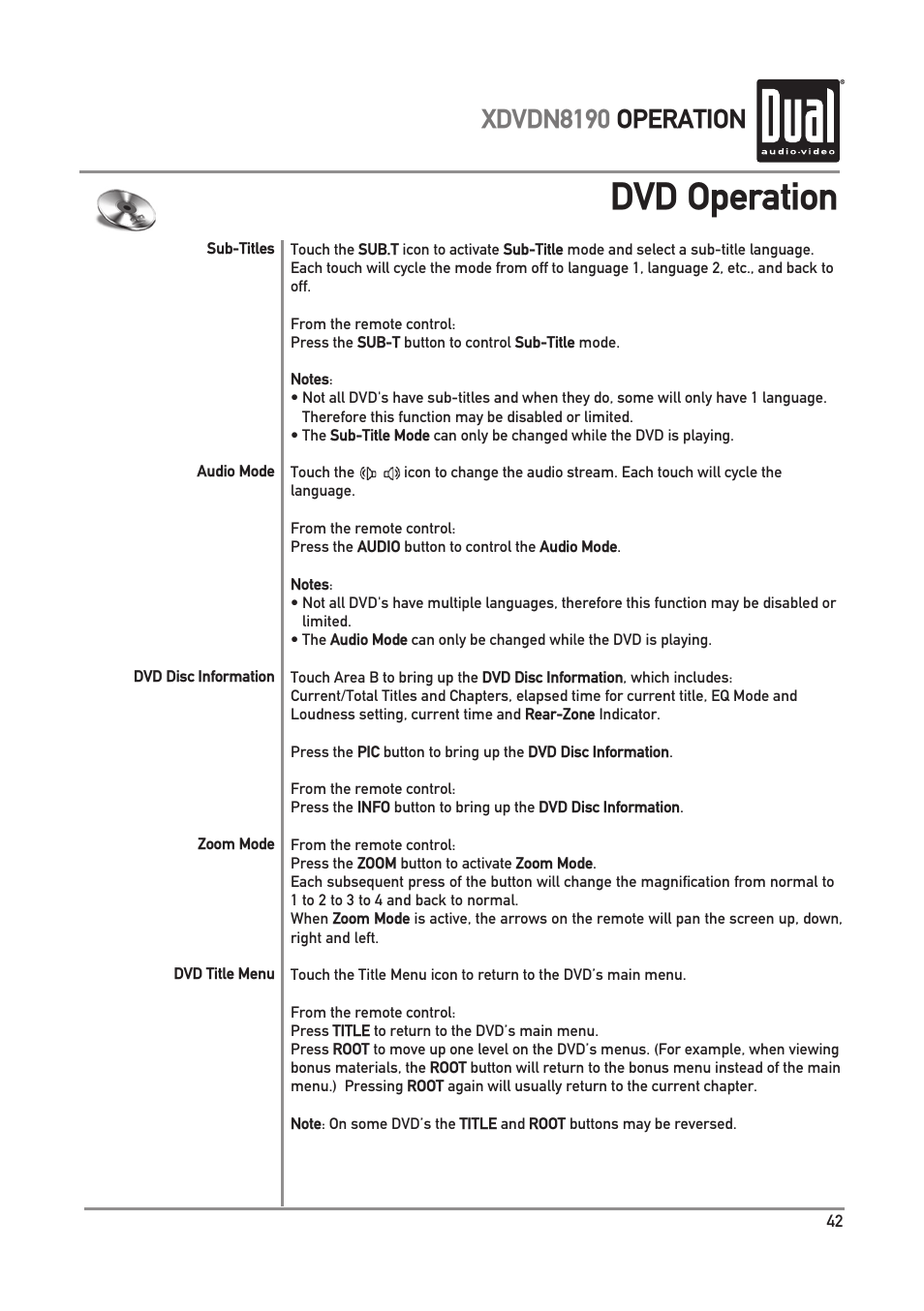 Dvd operation, Xdvdn8190 operation | Dual XDVDN8190 User Manual | Page 43 / 92