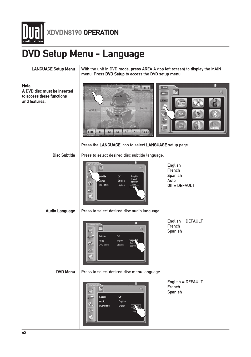 Dvd setup menu - language, Xdvdn8190 operation | Dual XDVDN8190 User Manual | Page 44 / 92