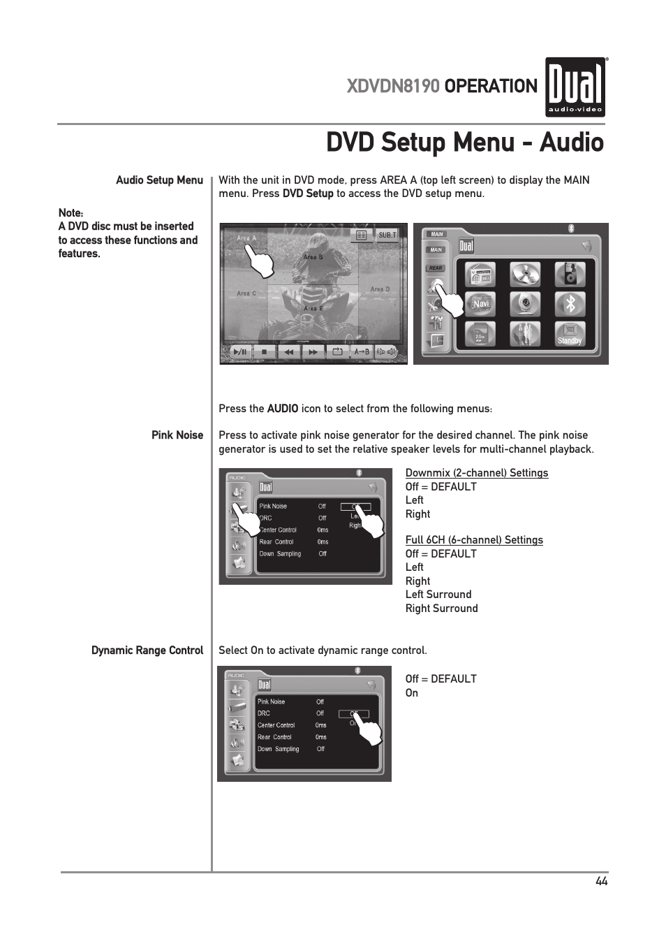 Dvd setup menu - audio | Dual XDVDN8190 User Manual | Page 45 / 92