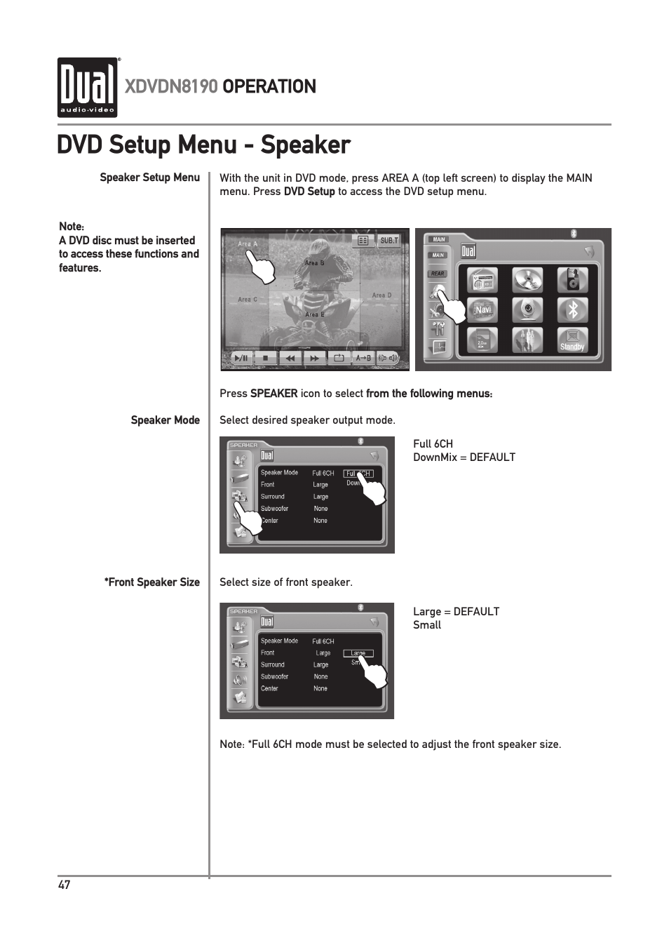 Dvd setup menu - speaker | Dual XDVDN8190 User Manual | Page 48 / 92