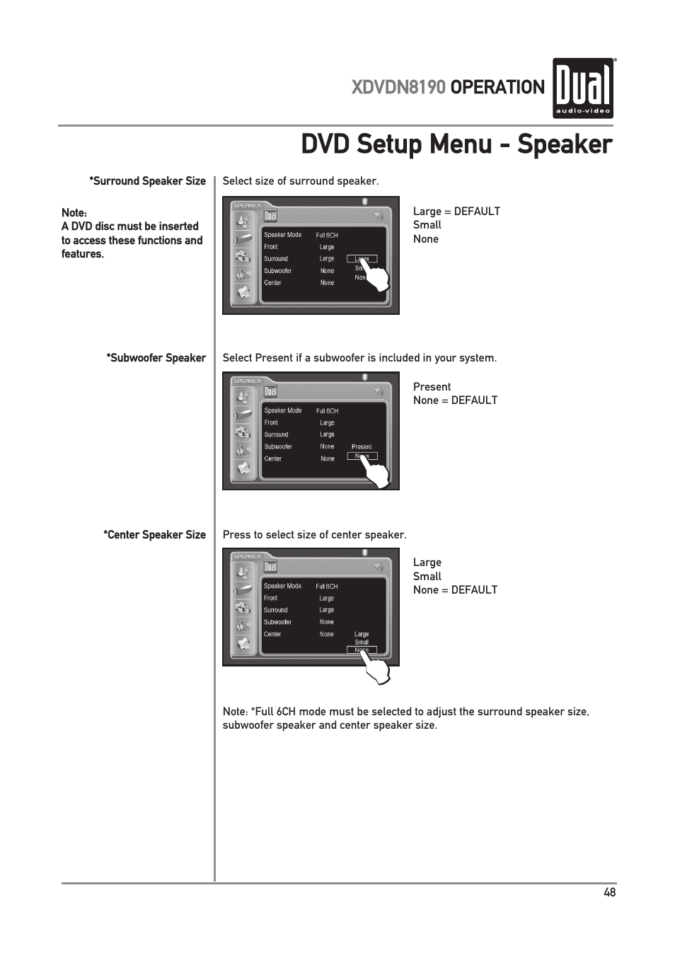 Dvd setup menu - speaker | Dual XDVDN8190 User Manual | Page 49 / 92