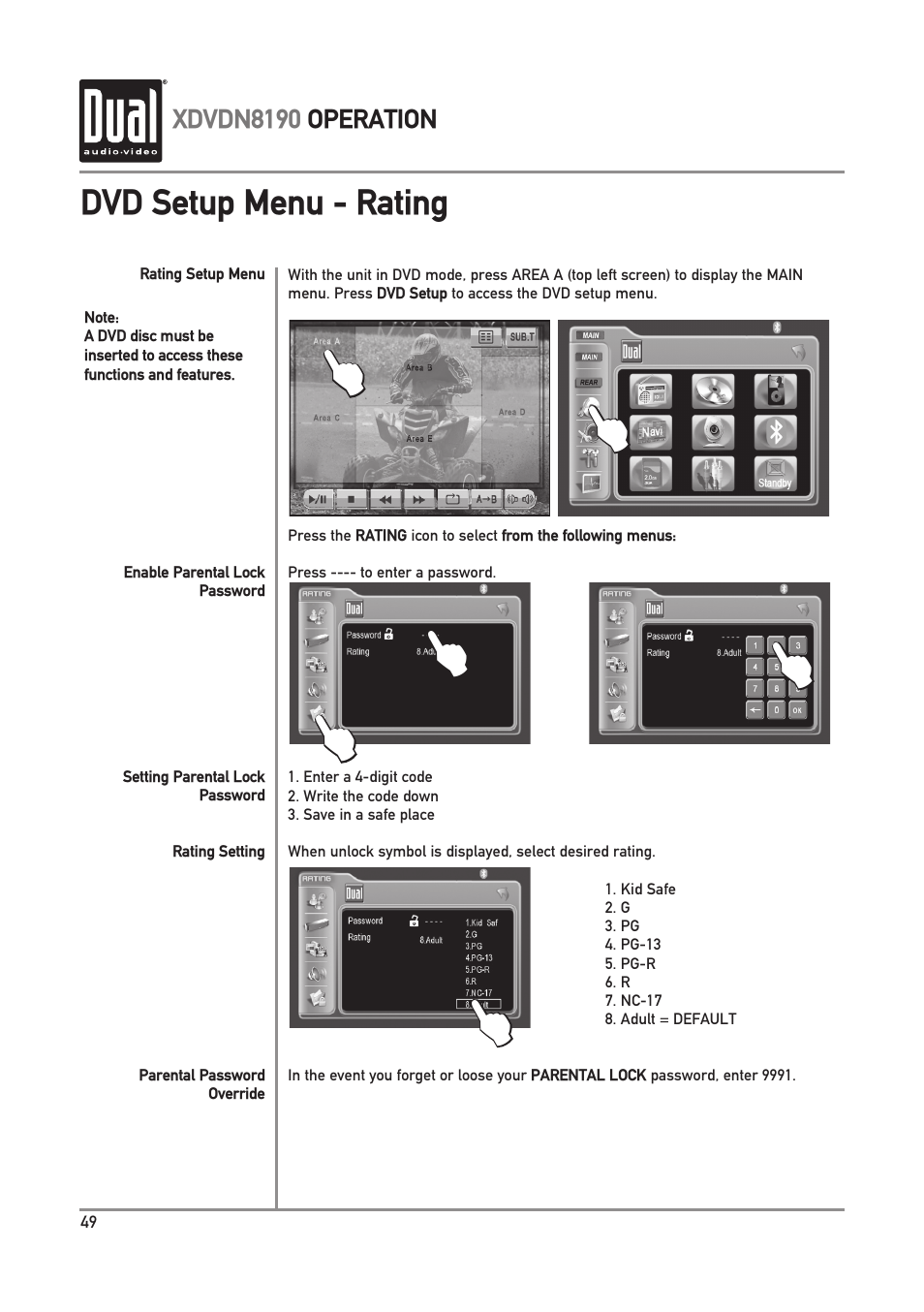 Dvd setup menu - rating, Xdvdn8190 operation | Dual XDVDN8190 User Manual | Page 50 / 92