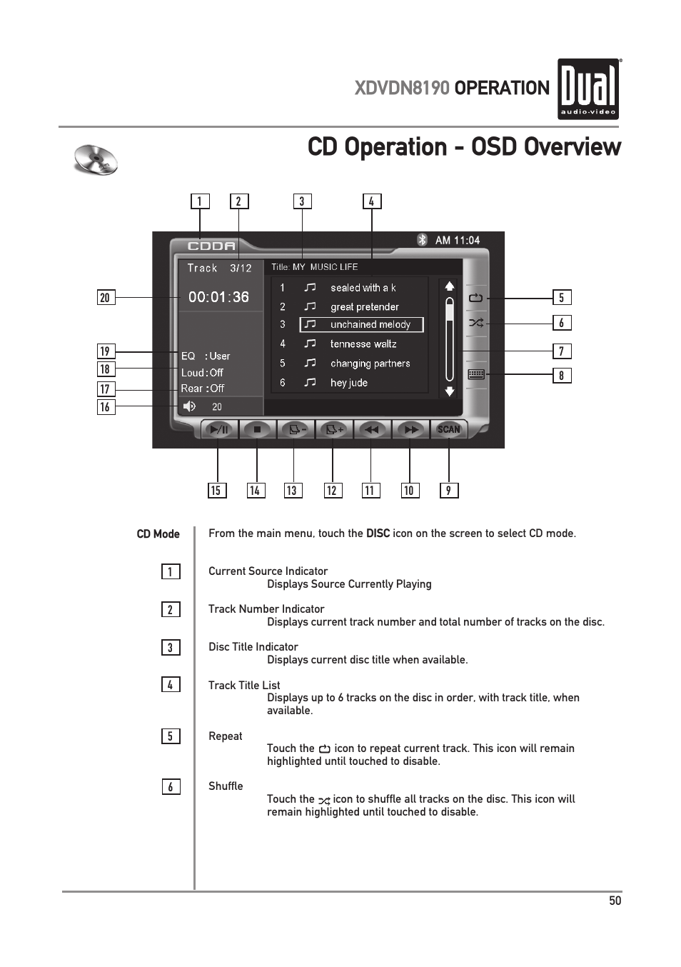 Cd operation - osd overview, Xdvdn8190 operation | Dual XDVDN8190 User Manual | Page 51 / 92