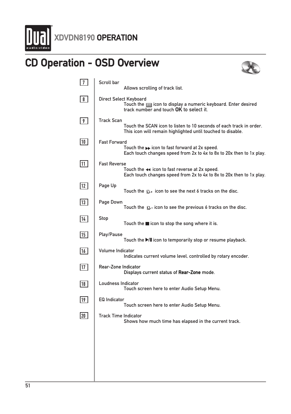 Cd operation - osd overview, Xdvdn8190 operation | Dual XDVDN8190 User Manual | Page 52 / 92