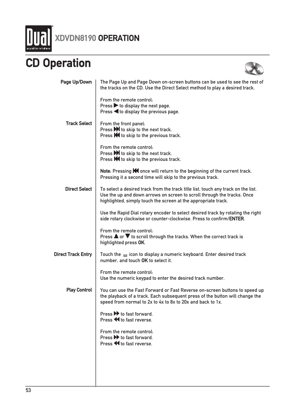 Cd operation, Xdvdn8190 operation | Dual XDVDN8190 User Manual | Page 54 / 92