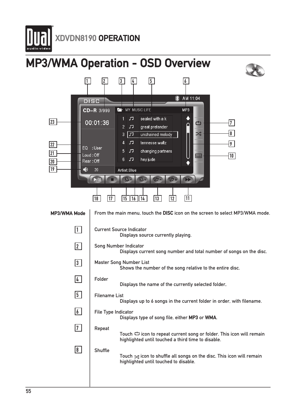 Mp3/wma operation - osd overview, Xdvdn8190 operation | Dual XDVDN8190 User Manual | Page 56 / 92