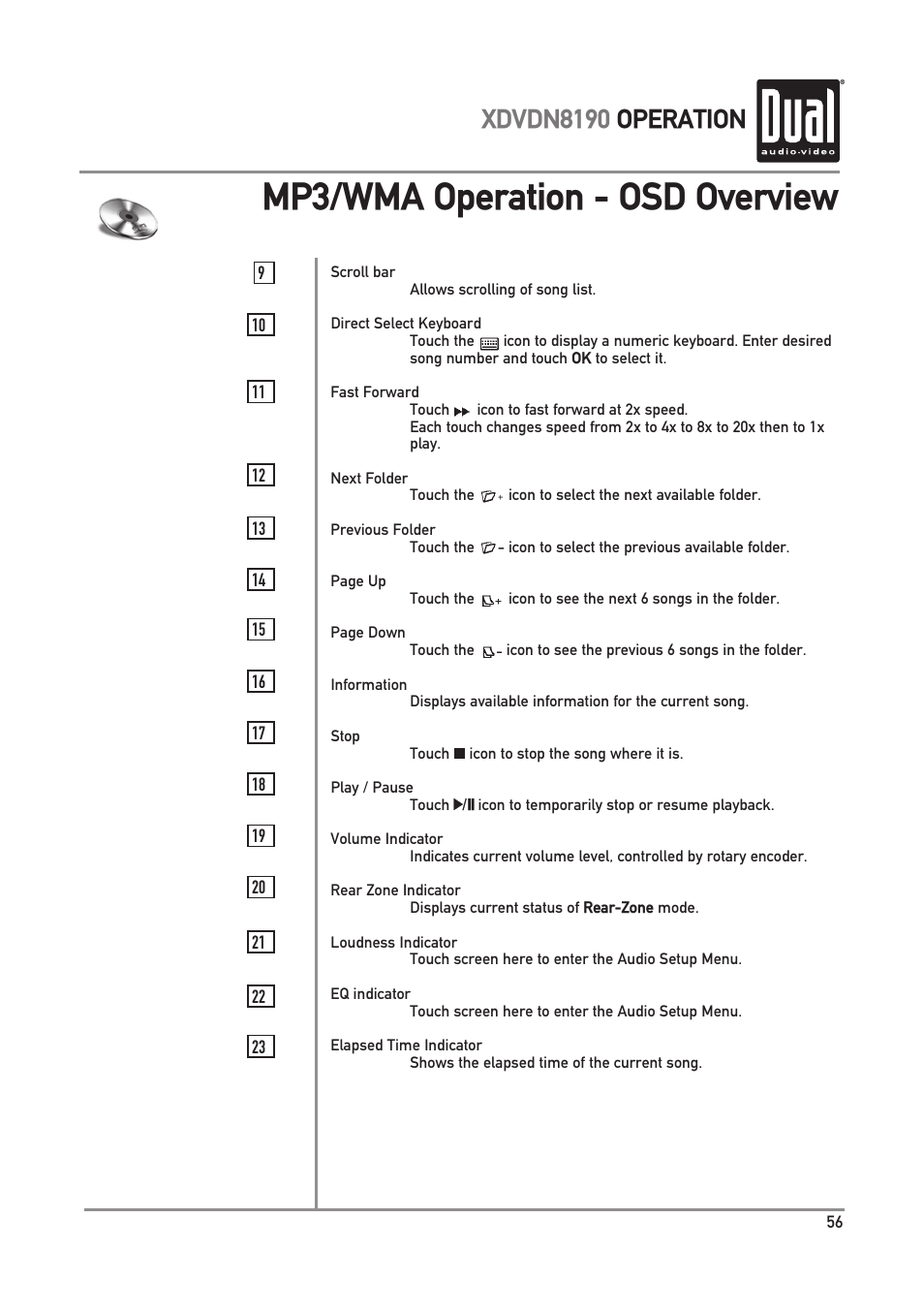 Mp3/wma operation - osd overview, Xdvdn8190 operation | Dual XDVDN8190 User Manual | Page 57 / 92