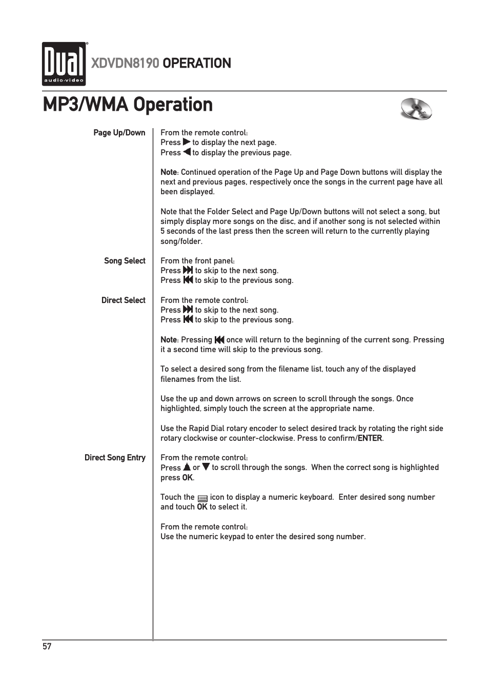 Mp3/wma operation, Xdvdn8190 operation | Dual XDVDN8190 User Manual | Page 58 / 92