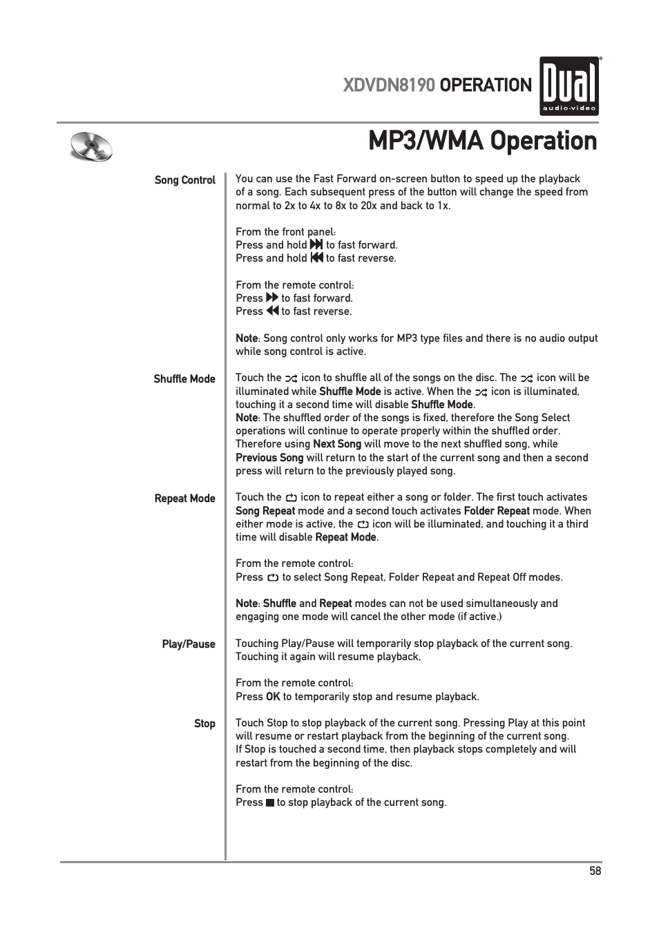 Mp3/wma operation, Xdvdn8190 operation | Dual XDVDN8190 User Manual | Page 59 / 92
