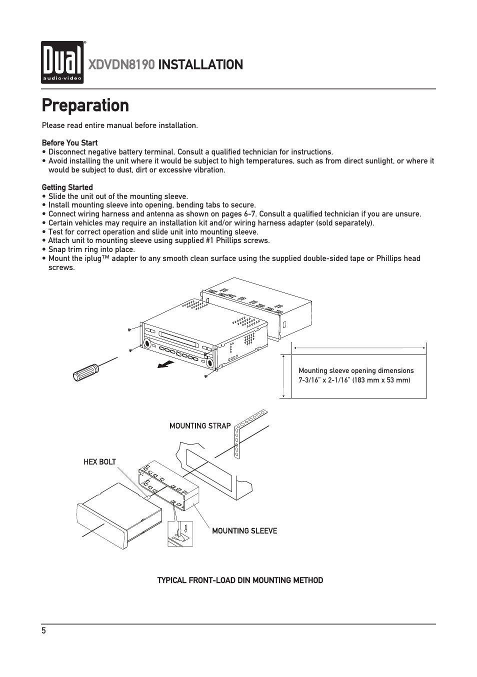 Preparation, Xdvdn8190 installation | Dual XDVDN8190 User Manual | Page 6 / 92