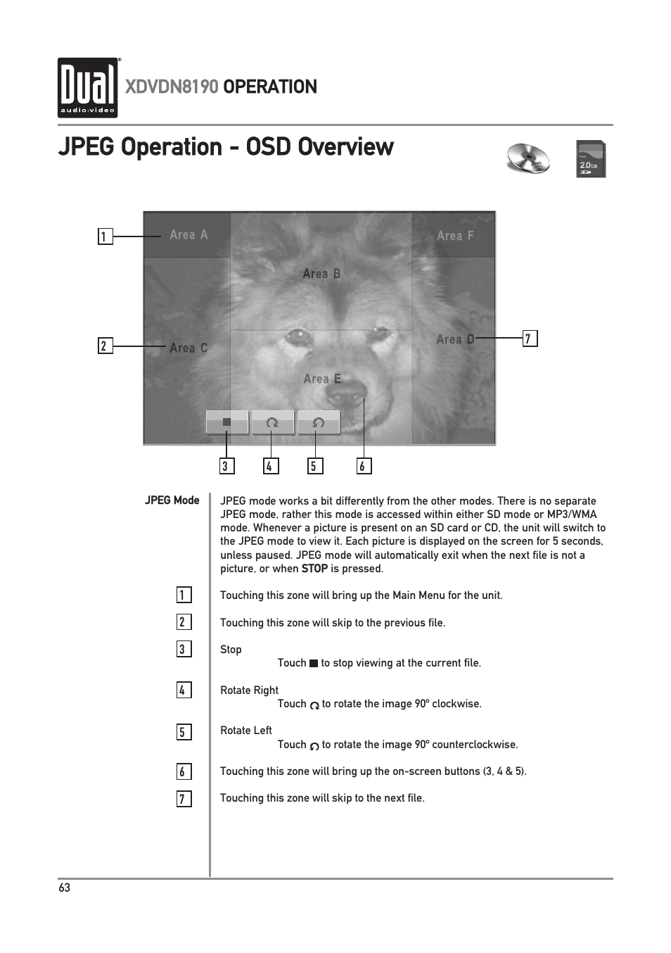 Jpeg operation - osd overview, Xdvdn8190 operation | Dual XDVDN8190 User Manual | Page 64 / 92