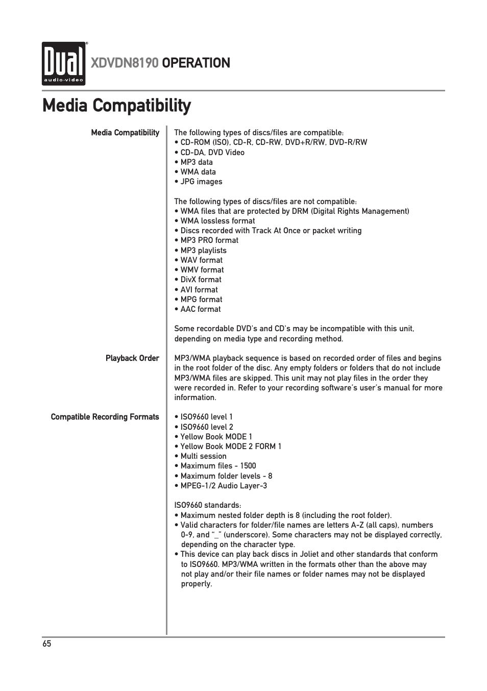 Media compatibility, Xdvdn8190 operation | Dual XDVDN8190 User Manual | Page 66 / 92