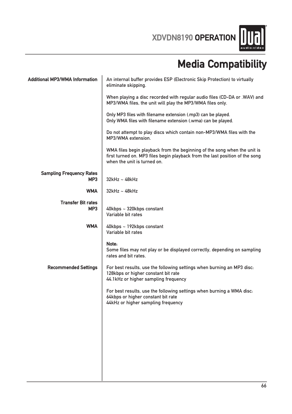 Media compatibility, Xdvdn8190 operation | Dual XDVDN8190 User Manual | Page 67 / 92