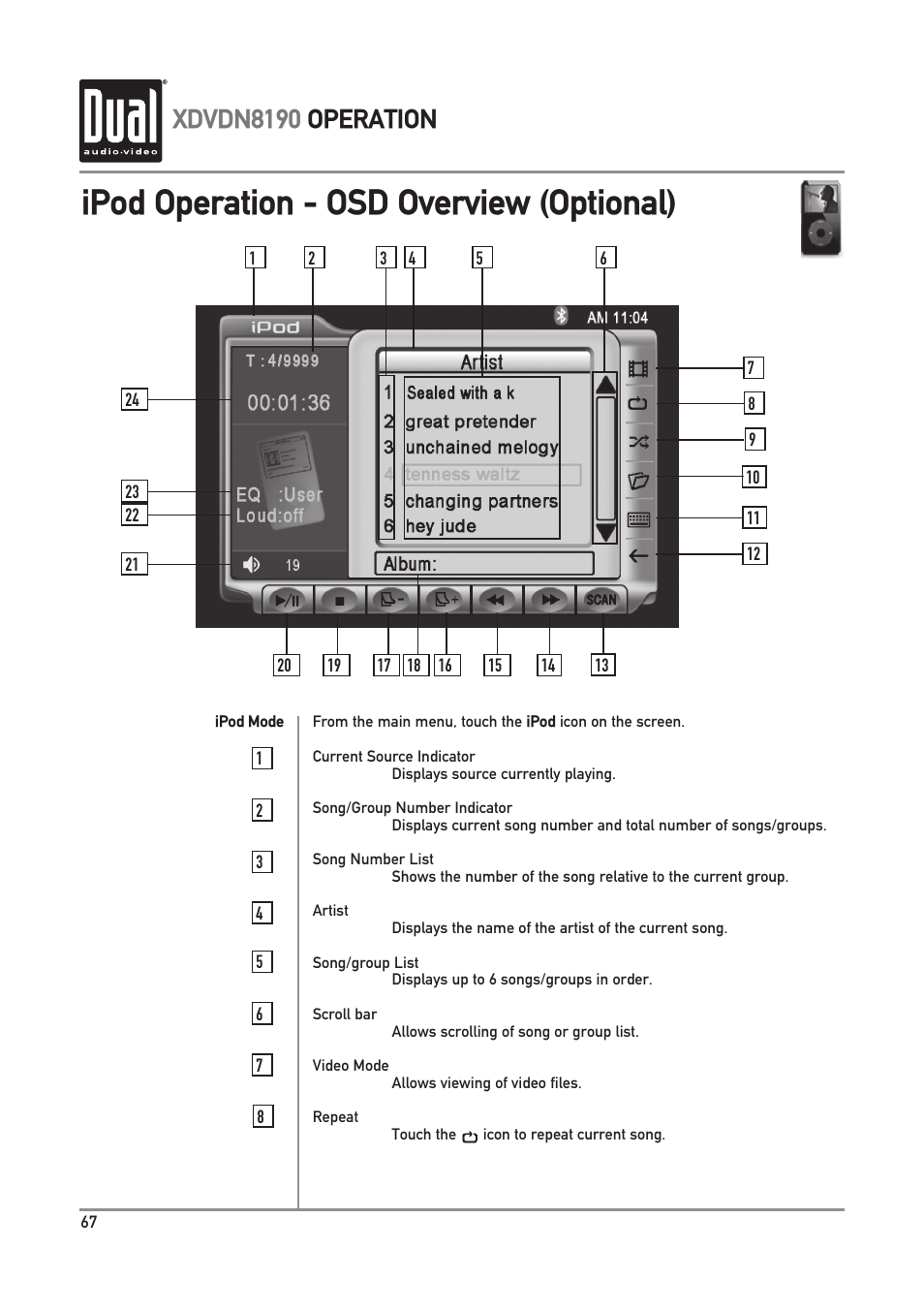 Ipod operation - osd overview (optional), Xdvdn8190 operation | Dual XDVDN8190 User Manual | Page 68 / 92