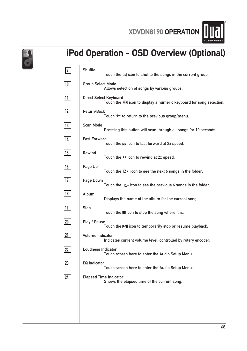 Ipod operation - osd overview (optional), Xdvdn8190 operation | Dual XDVDN8190 User Manual | Page 69 / 92