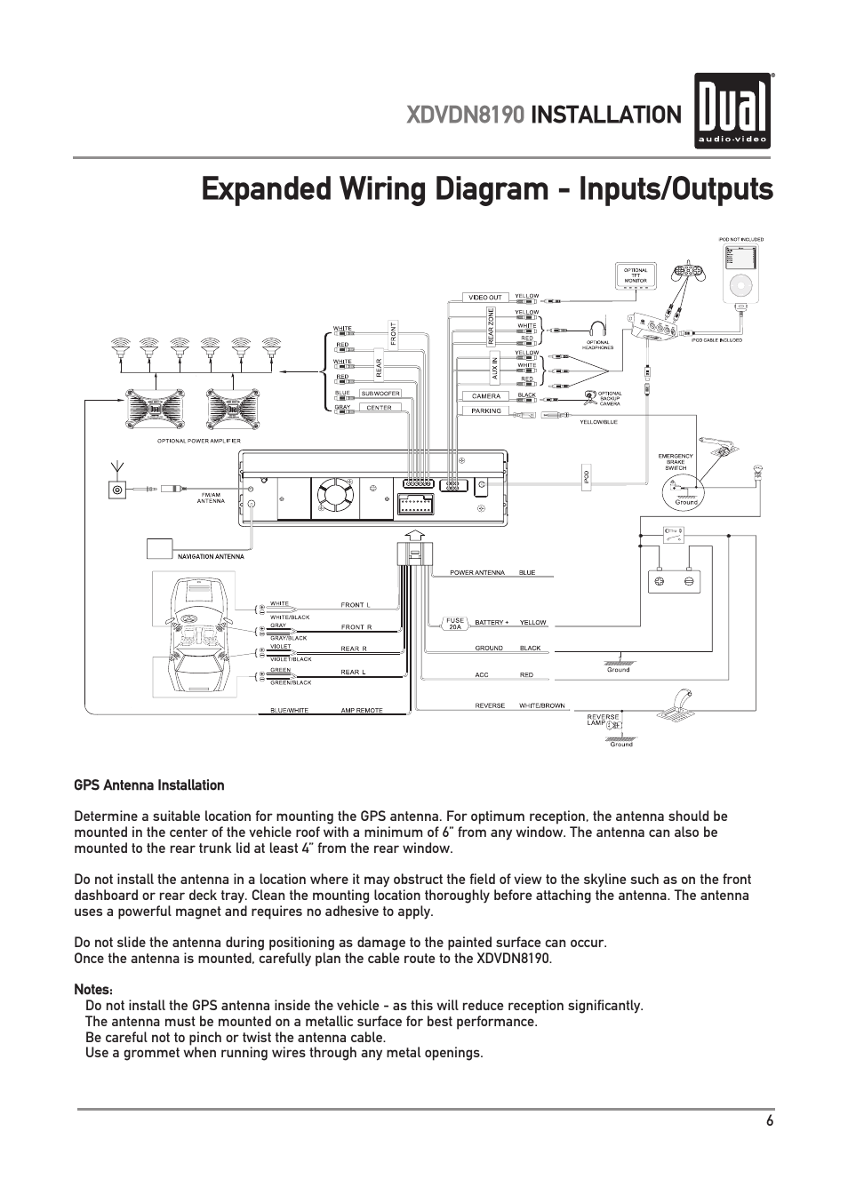 Expanded wiring diagram - inputs/outputs, Xdvdn8190 installation | Dual XDVDN8190 User Manual | Page 7 / 92