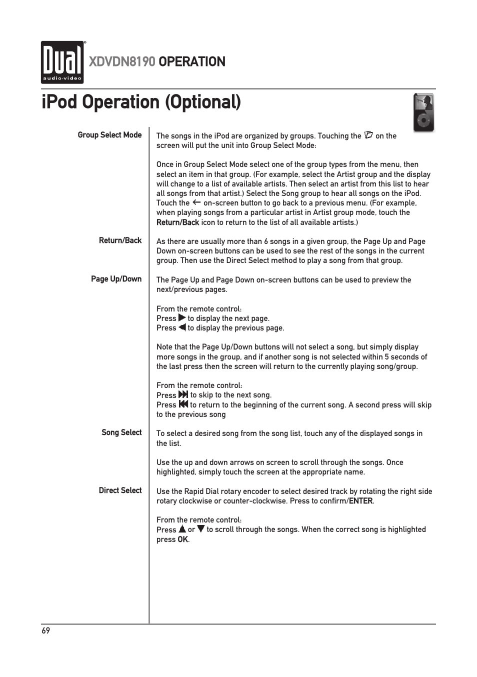 Ipod operation (optional), Xdvdn8190 operation | Dual XDVDN8190 User Manual | Page 70 / 92