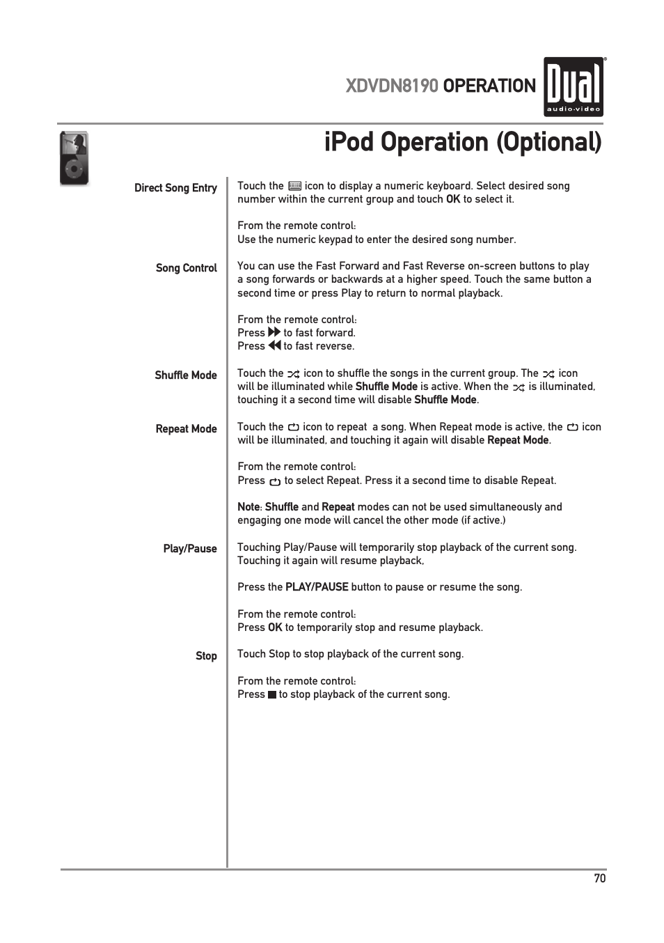 Ipod operation (optional), Xdvdn8190 operation | Dual XDVDN8190 User Manual | Page 71 / 92