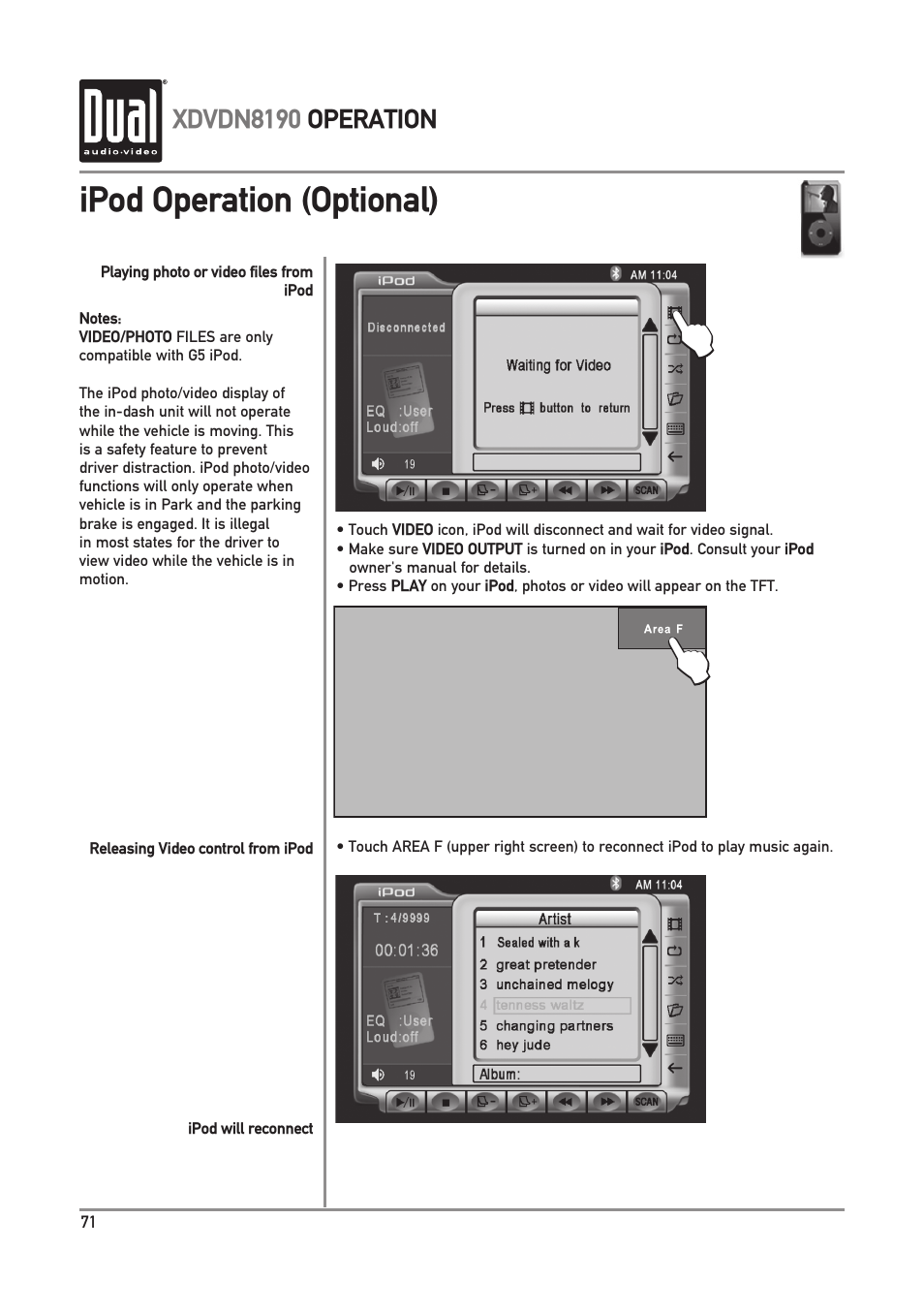 Ipod operation (optional) | Dual XDVDN8190 User Manual | Page 72 / 92