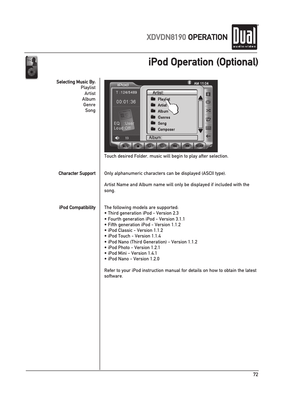 Ipod operation (optional), Xdvdn8190 operation | Dual XDVDN8190 User Manual | Page 73 / 92