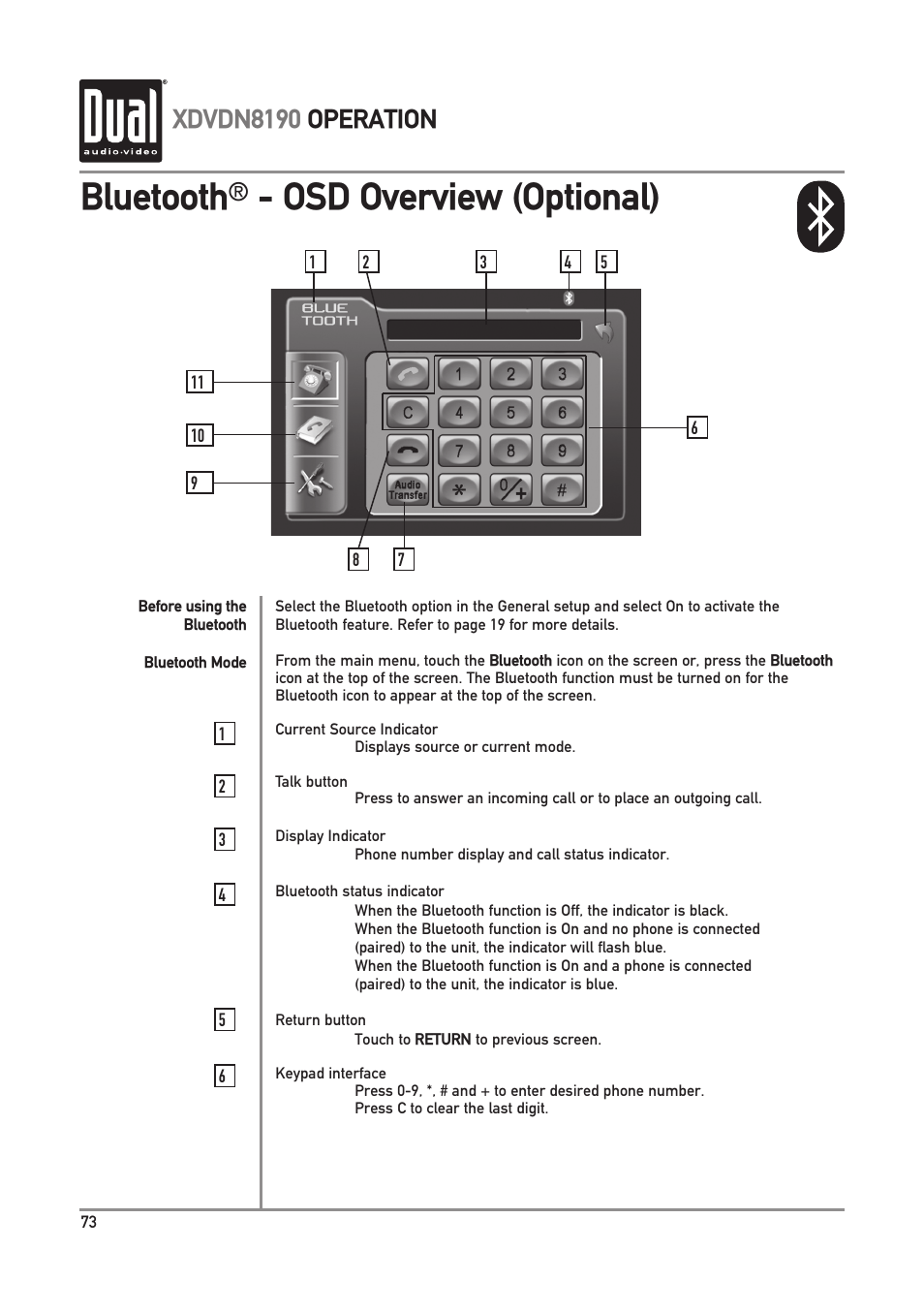 Bluetooth, Osd overview (optional), Xdvdn8190 operation | Dual XDVDN8190 User Manual | Page 74 / 92