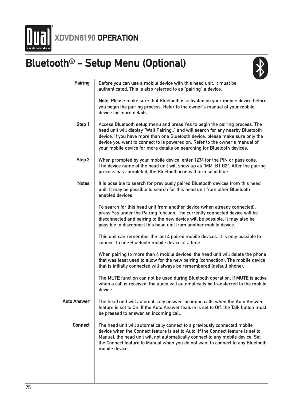 Bluetooth, Setup menu (optional), Xdvdn8190 operation | Dual XDVDN8190 User Manual | Page 76 / 92