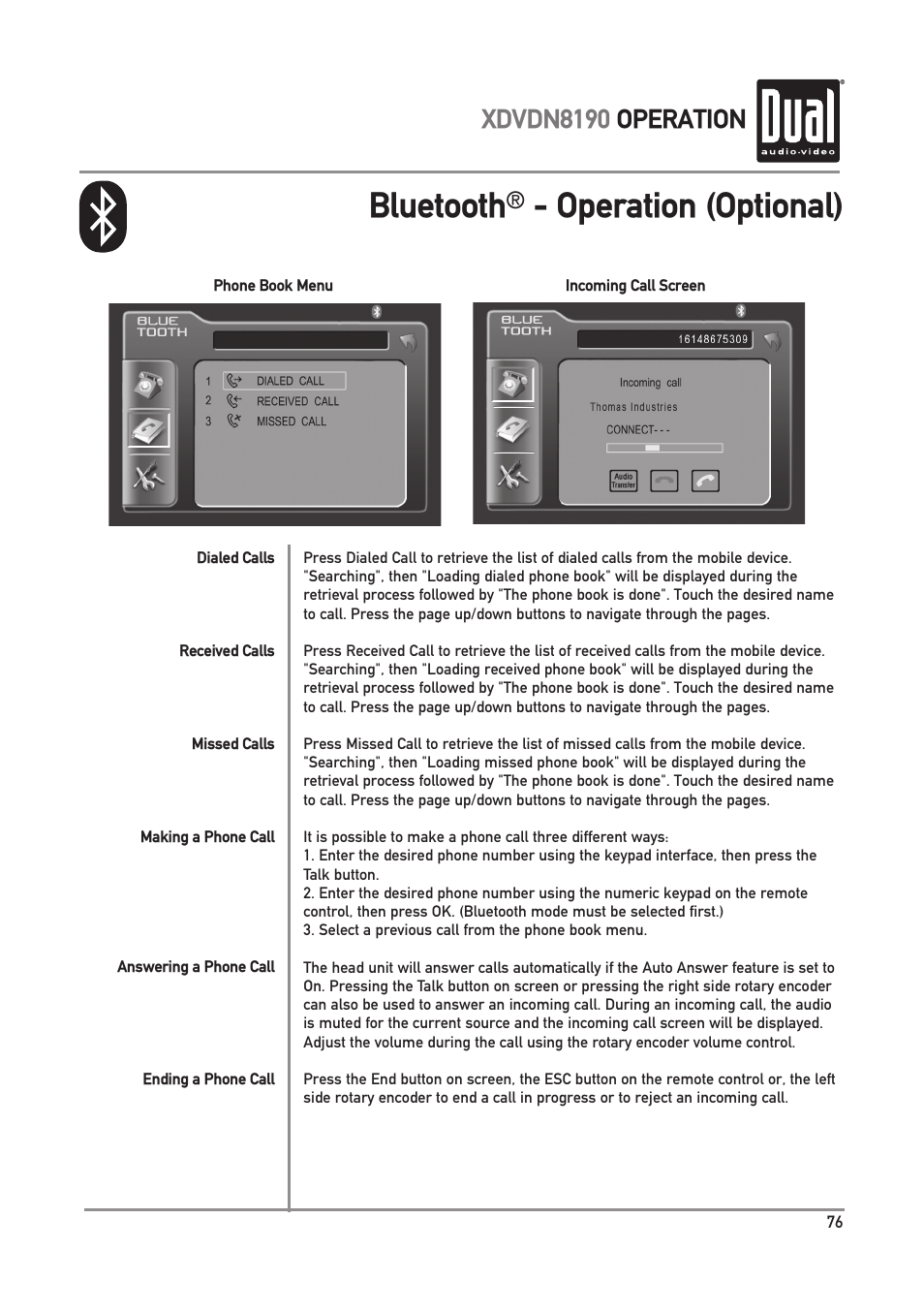 Bluetooth, Operation (optional), Xdvdn8190 operation | Dual XDVDN8190 User Manual | Page 77 / 92