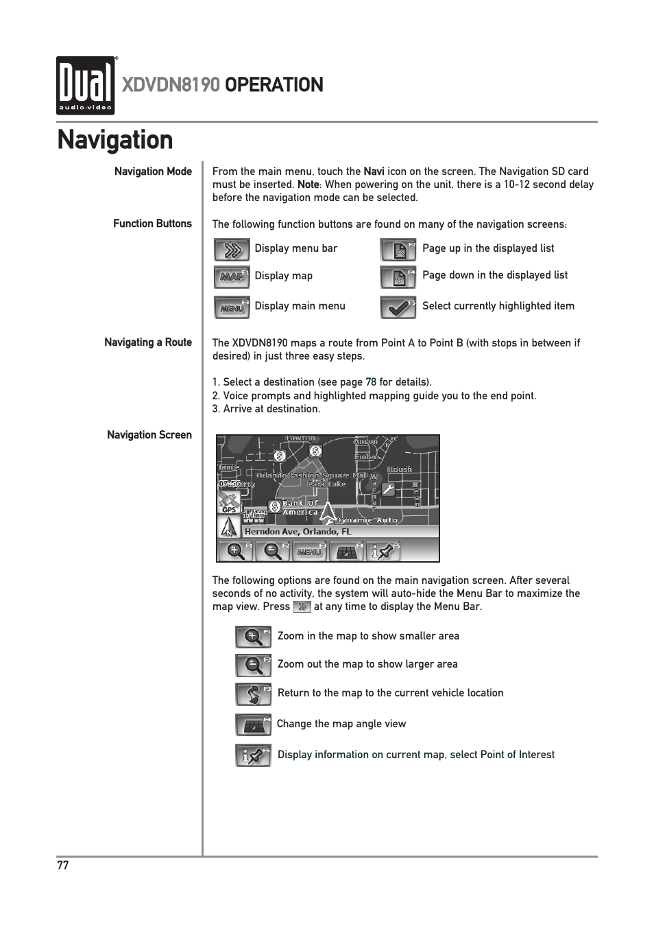 Navigation, Xdvdn8190 operation | Dual XDVDN8190 User Manual | Page 78 / 92