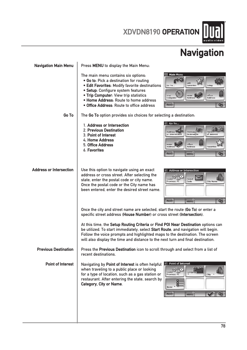 Navigation, Xdvdn8190 operation | Dual XDVDN8190 User Manual | Page 79 / 92