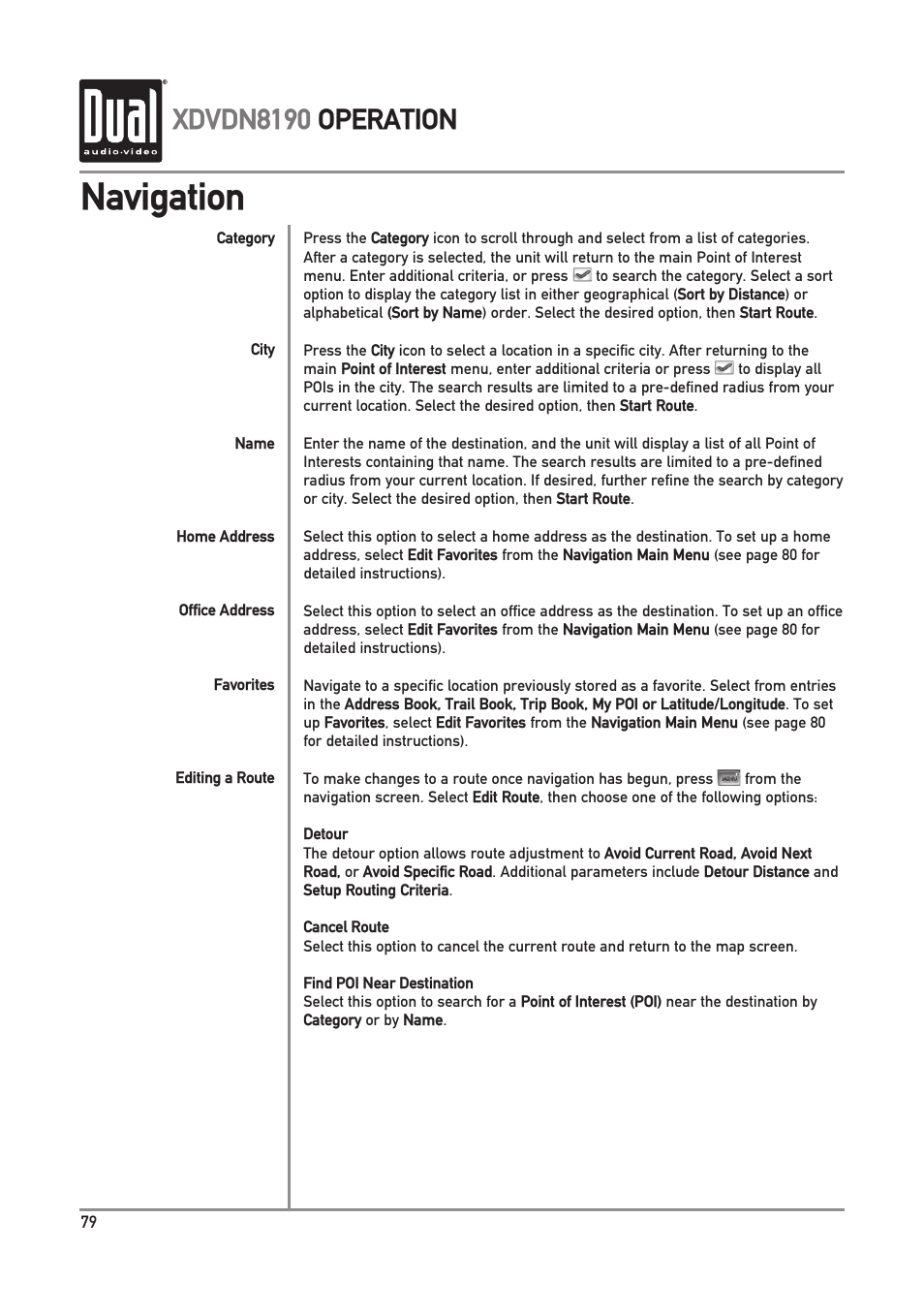 Navigation, Xdvdn8190 operation | Dual XDVDN8190 User Manual | Page 80 / 92