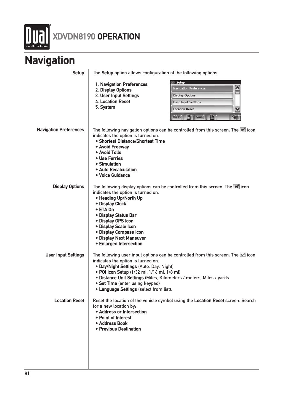 Navigation, Xdvdn8190 operation | Dual XDVDN8190 User Manual | Page 82 / 92