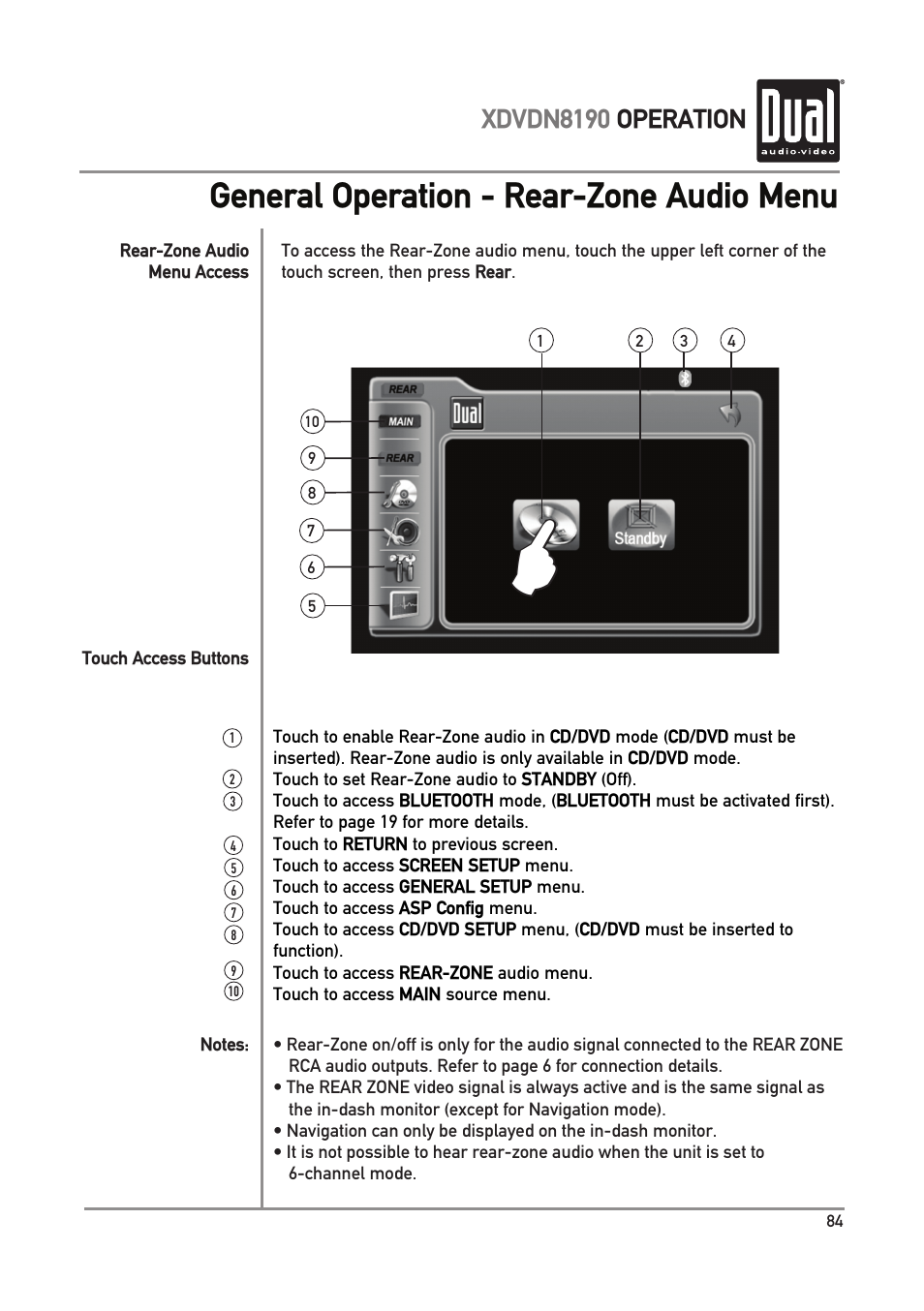 General operation - rear-zone audio menu, Xdvdn8190 operation | Dual XDVDN8190 User Manual | Page 85 / 92