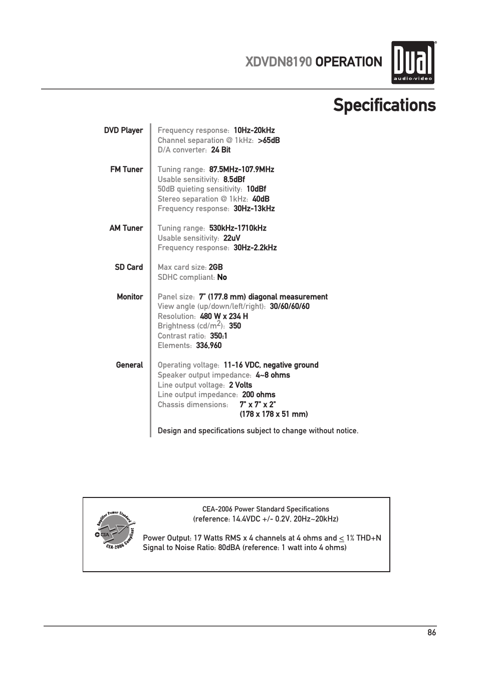 Specifications, Xdvdn8190 operation | Dual XDVDN8190 User Manual | Page 87 / 92