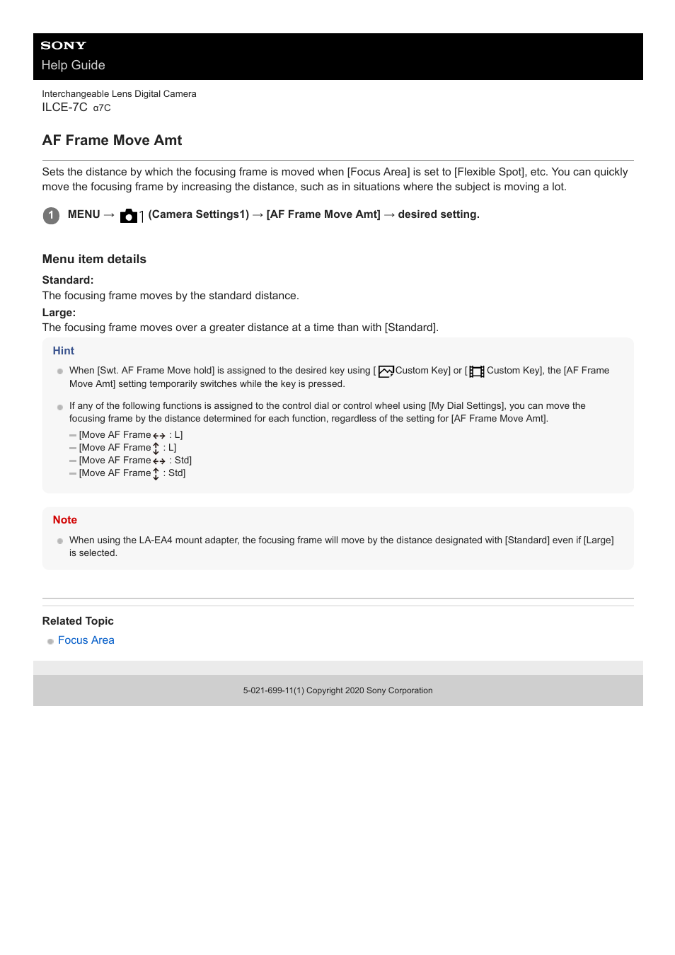 Af frame move amt, Help guide | Sony UWP-D27 2-Person Camera-Mount Wireless Omni Lavalier Microphone System (UC90: 941 to 960 MHz) User Manual | Page 115 / 661