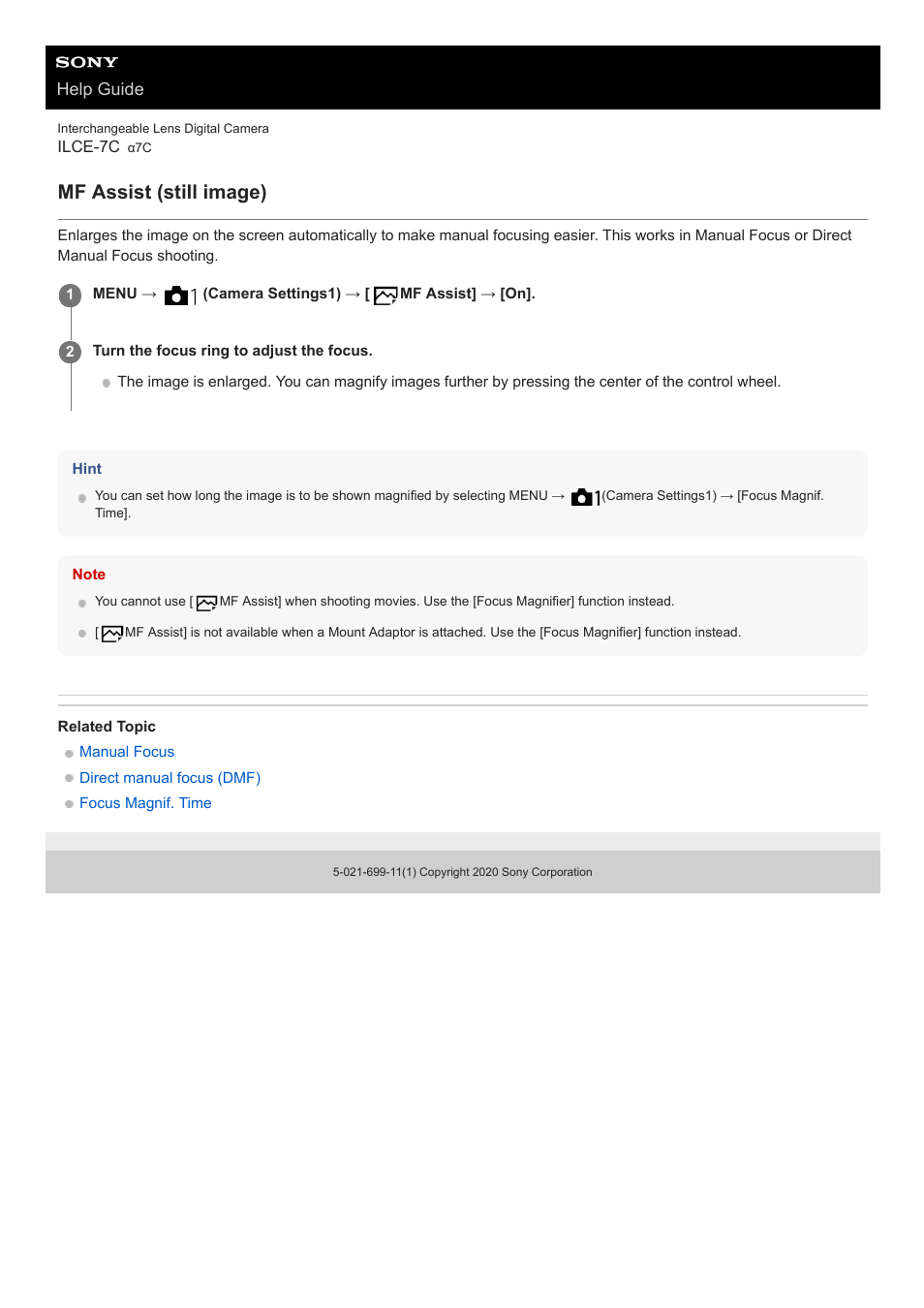 Mf assist (still image), Help guide | Sony UWP-D27 2-Person Camera-Mount Wireless Omni Lavalier Microphone System (UC90: 941 to 960 MHz) User Manual | Page 122 / 661