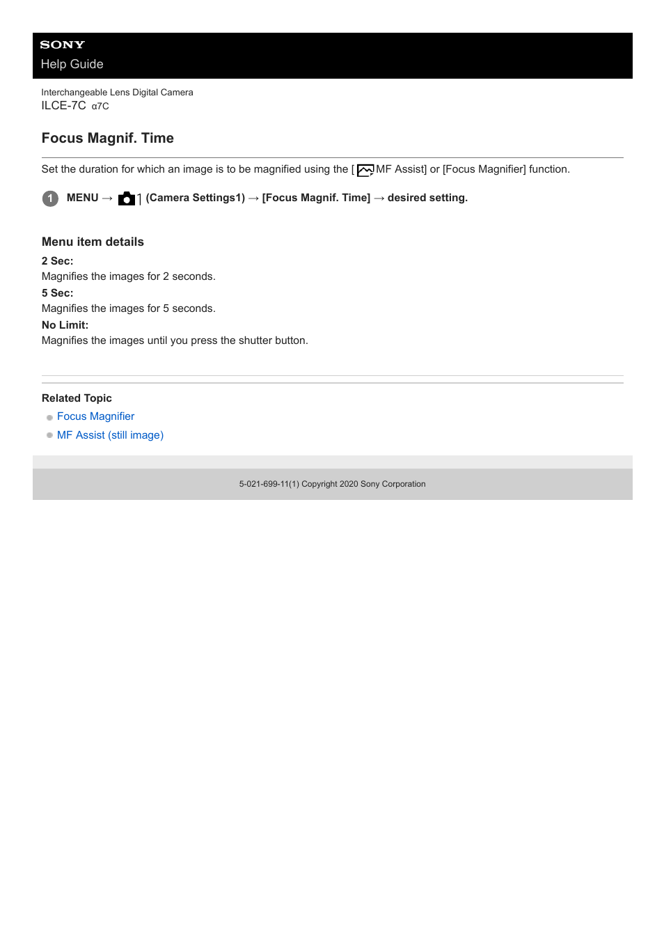 Focus magnif. time | Sony UWP-D27 2-Person Camera-Mount Wireless Omni Lavalier Microphone System (UC90: 941 to 960 MHz) User Manual | Page 123 / 661