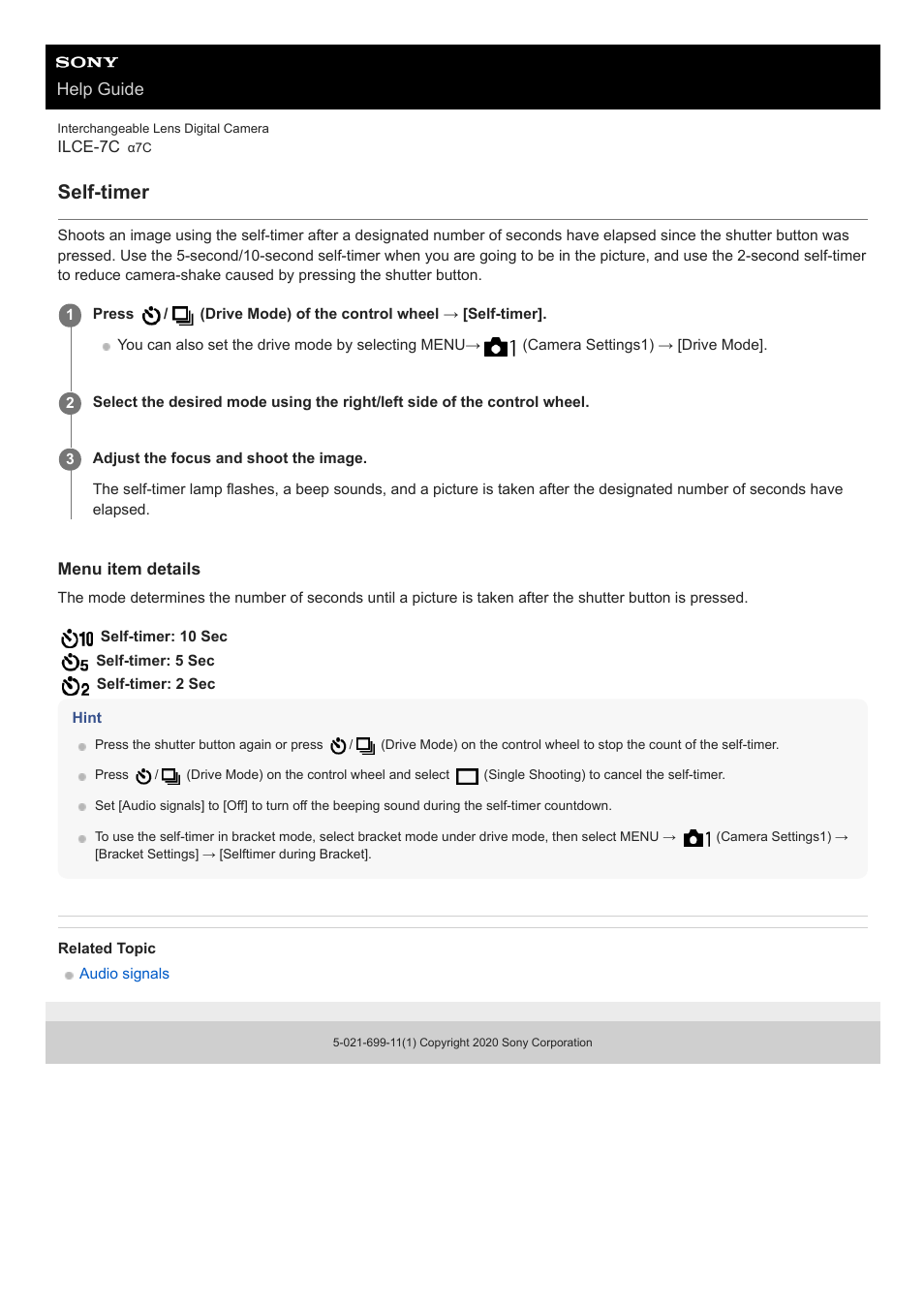 Self-timer, Help guide | Sony UWP-D27 2-Person Camera-Mount Wireless Omni Lavalier Microphone System (UC90: 941 to 960 MHz) User Manual | Page 130 / 661