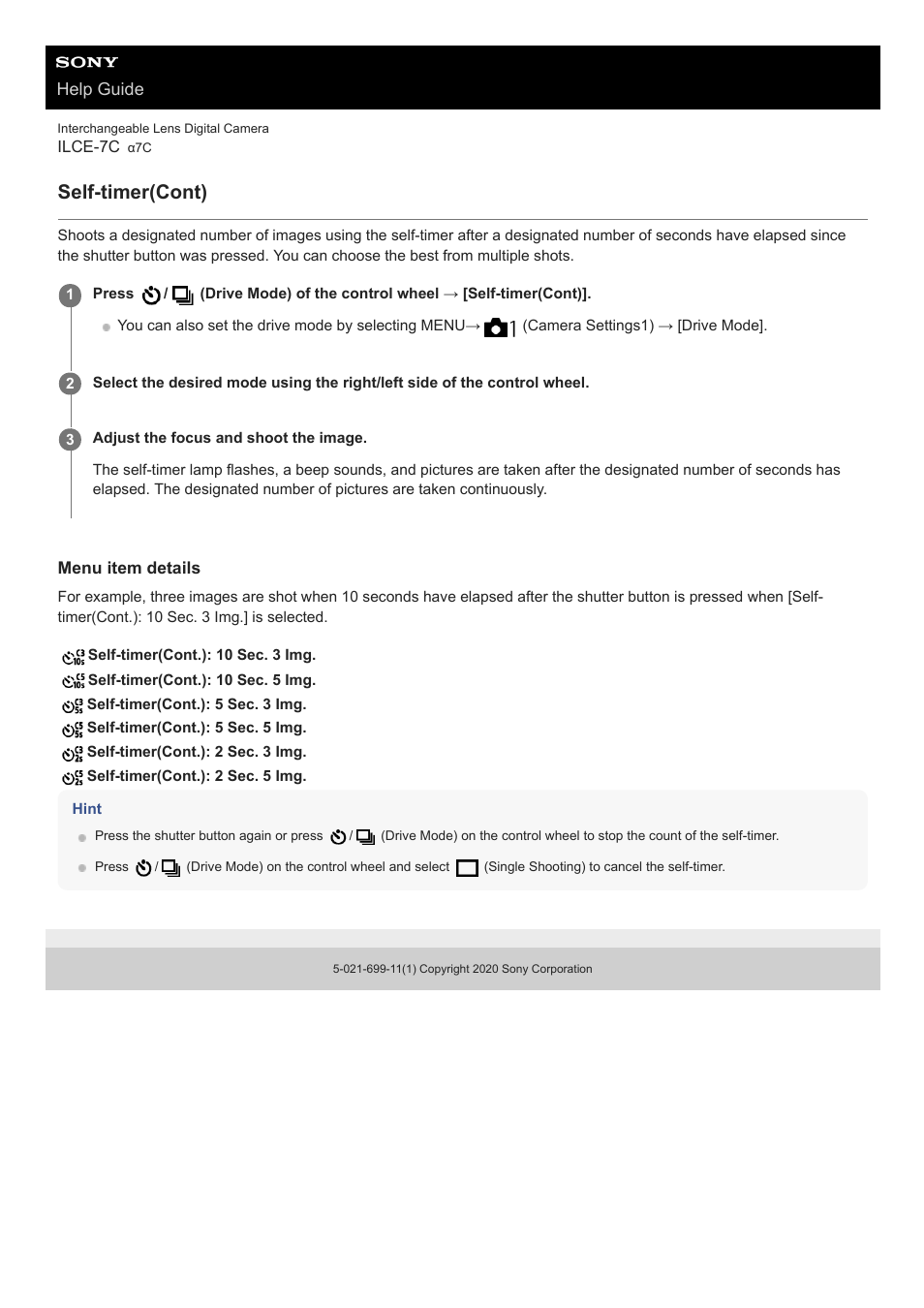 Self-timer(cont) | Sony UWP-D27 2-Person Camera-Mount Wireless Omni Lavalier Microphone System (UC90: 941 to 960 MHz) User Manual | Page 131 / 661