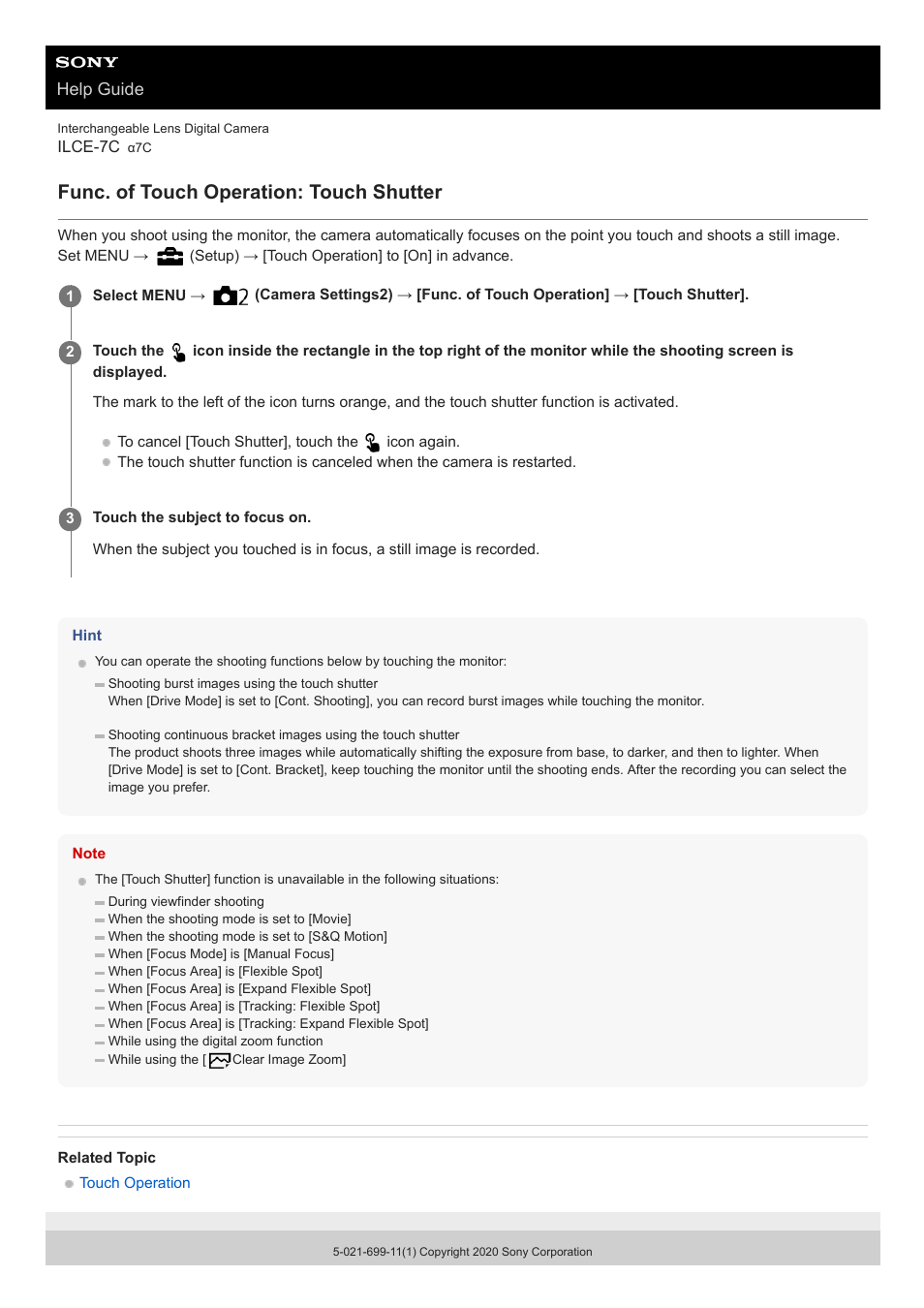 Func. of touch operation: touch shutter | Sony UWP-D27 2-Person Camera-Mount Wireless Omni Lavalier Microphone System (UC90: 941 to 960 MHz) User Manual | Page 143 / 661