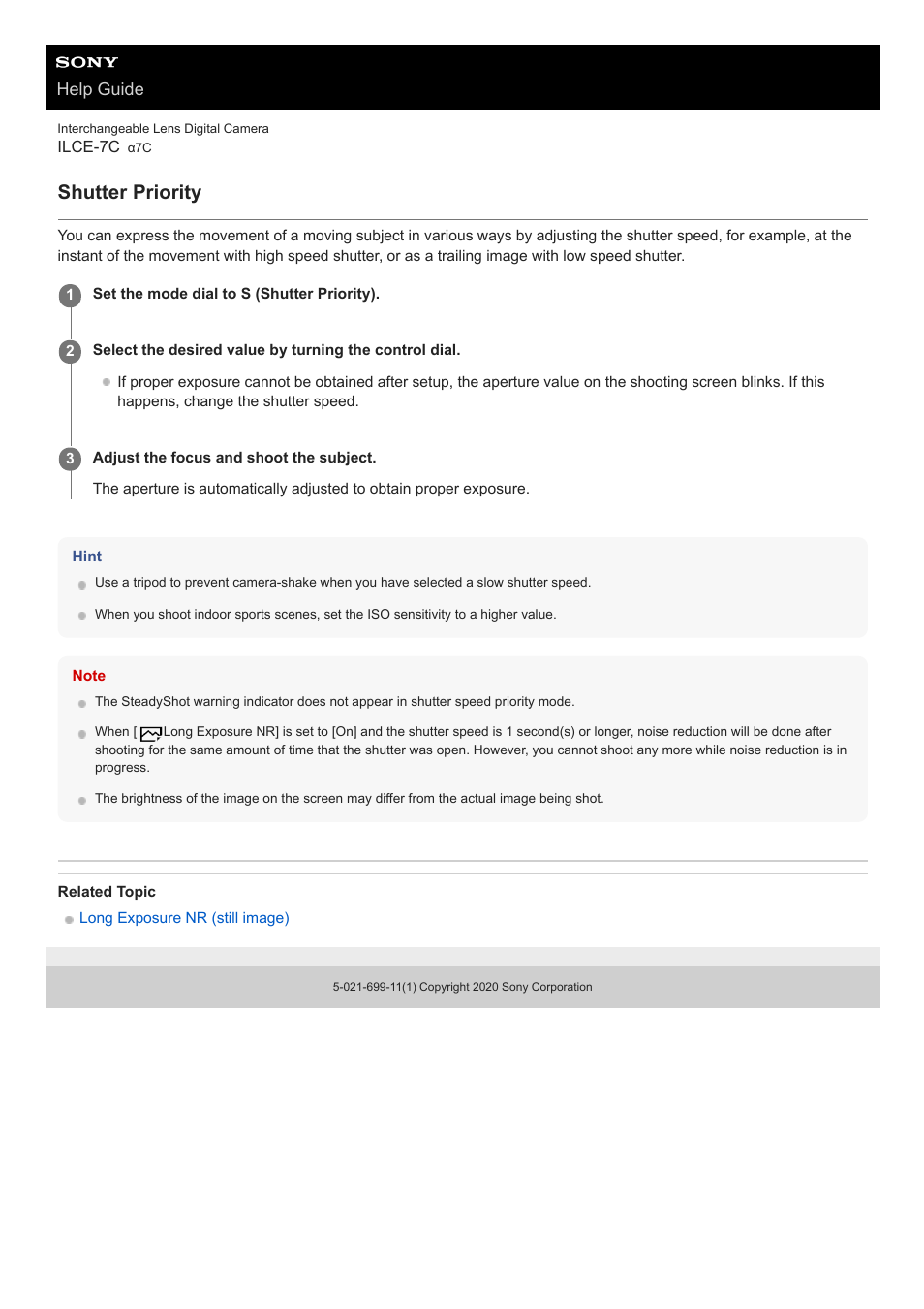 Shutter priority, Help guide | Sony UWP-D27 2-Person Camera-Mount Wireless Omni Lavalier Microphone System (UC90: 941 to 960 MHz) User Manual | Page 166 / 661