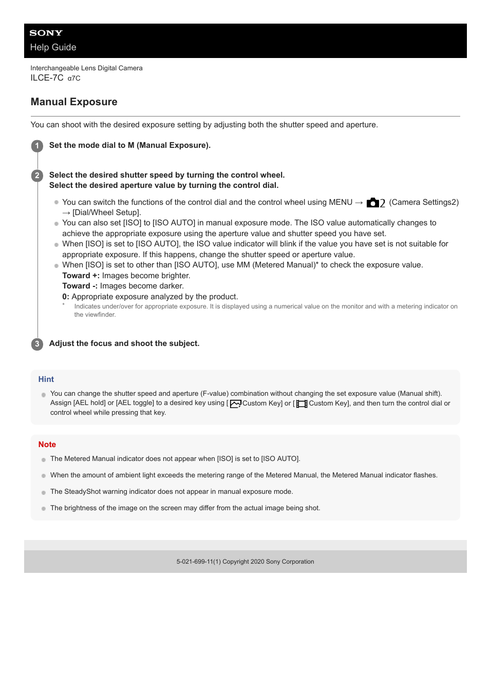 Manual exposure, Help guide | Sony UWP-D27 2-Person Camera-Mount Wireless Omni Lavalier Microphone System (UC90: 941 to 960 MHz) User Manual | Page 167 / 661