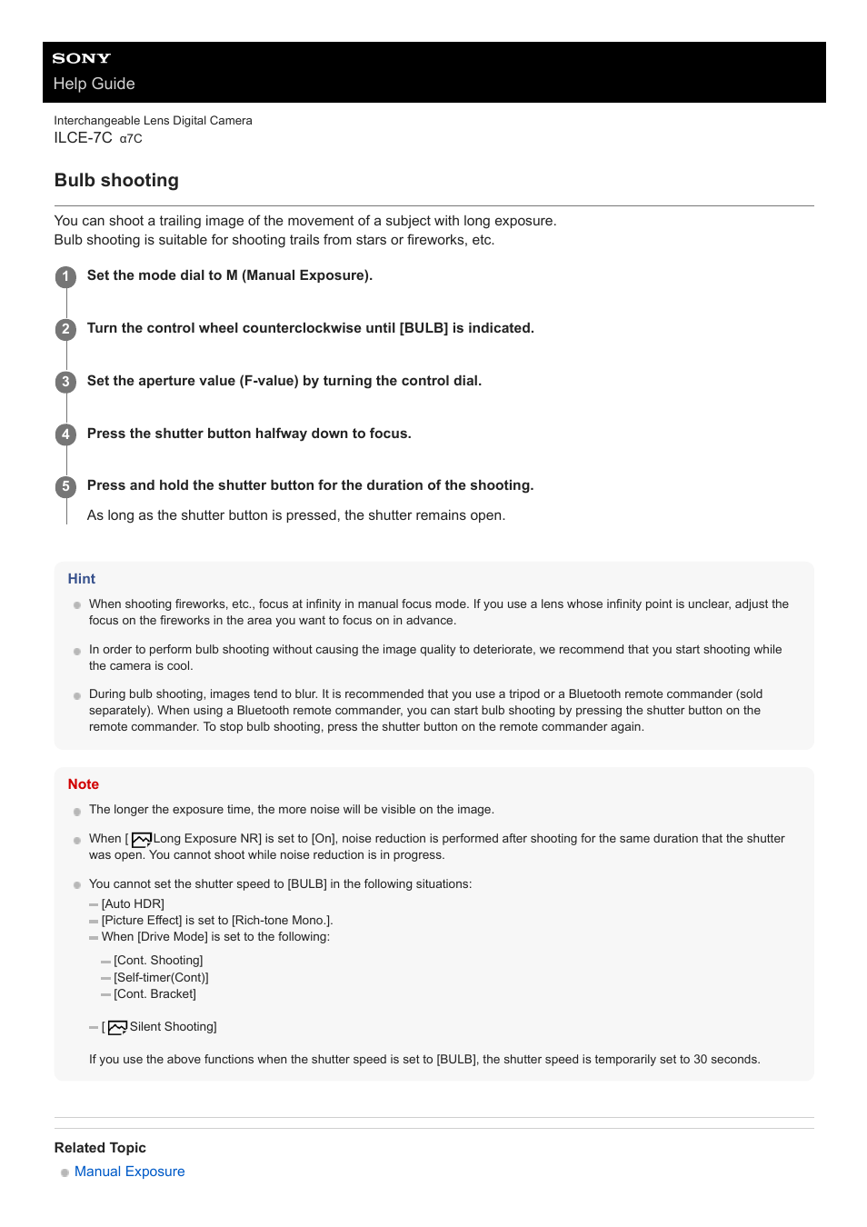 Bulb shooting, Help guide | Sony UWP-D27 2-Person Camera-Mount Wireless Omni Lavalier Microphone System (UC90: 941 to 960 MHz) User Manual | Page 168 / 661