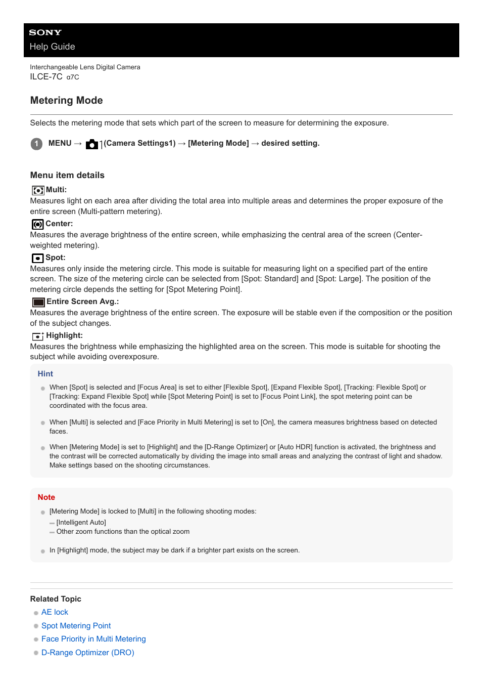 Metering mode | Sony UWP-D27 2-Person Camera-Mount Wireless Omni Lavalier Microphone System (UC90: 941 to 960 MHz) User Manual | Page 179 / 661