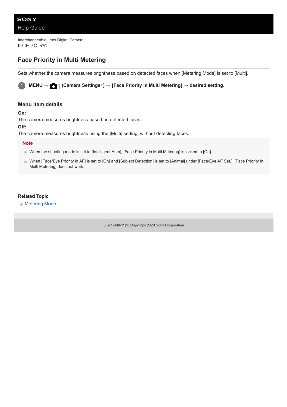 Face priority in multi metering | Sony UWP-D27 2-Person Camera-Mount Wireless Omni Lavalier Microphone System (UC90: 941 to 960 MHz) User Manual | Page 181 / 661