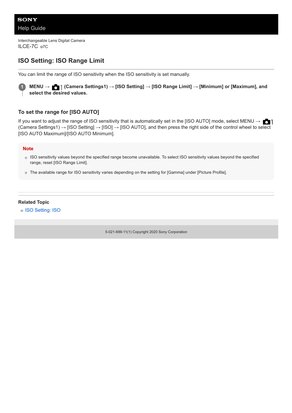 Iso setting: iso range limit | Sony UWP-D27 2-Person Camera-Mount Wireless Omni Lavalier Microphone System (UC90: 941 to 960 MHz) User Manual | Page 191 / 661