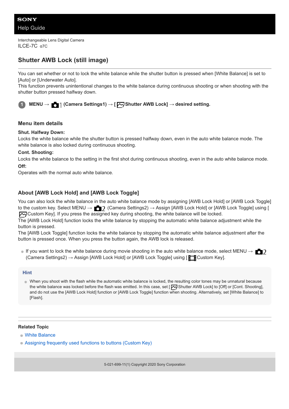 Shutter awb lock (still image) | Sony UWP-D27 2-Person Camera-Mount Wireless Omni Lavalier Microphone System (UC90: 941 to 960 MHz) User Manual | Page 202 / 661